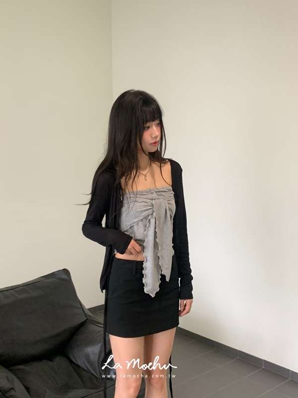 木耳邊綁帶排扣背心